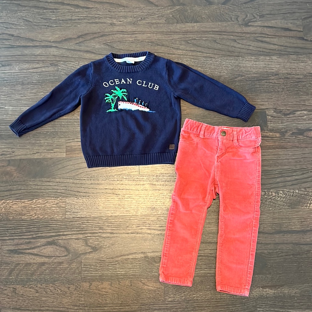 Janie And Jack Cotton Ocean Club Sweater + Brick Red Corduroy Pants